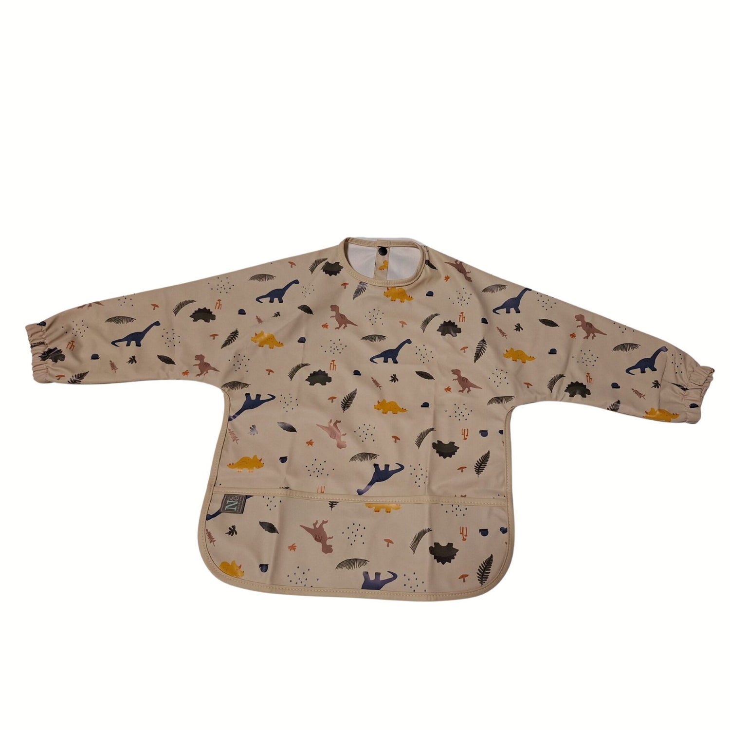 Nathan and Emma Long Sleeve Baby Bib with Wide Food Catcher - Cream with Dinosaur Print