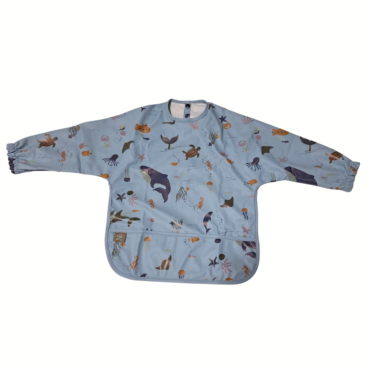 Nathan and Emma Long Sleeve Baby Bib with Wide Food Catcher - Blue with Ocean Animals