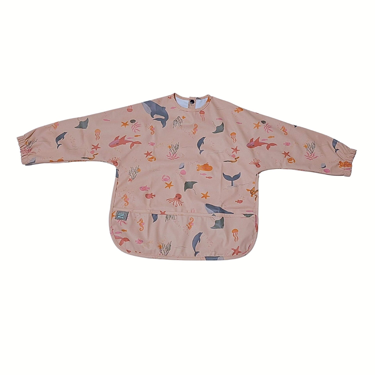 Nathan and Emma Long Sleeve Baby Bib with Wide Food Catcher - Pink with Ocean Animals