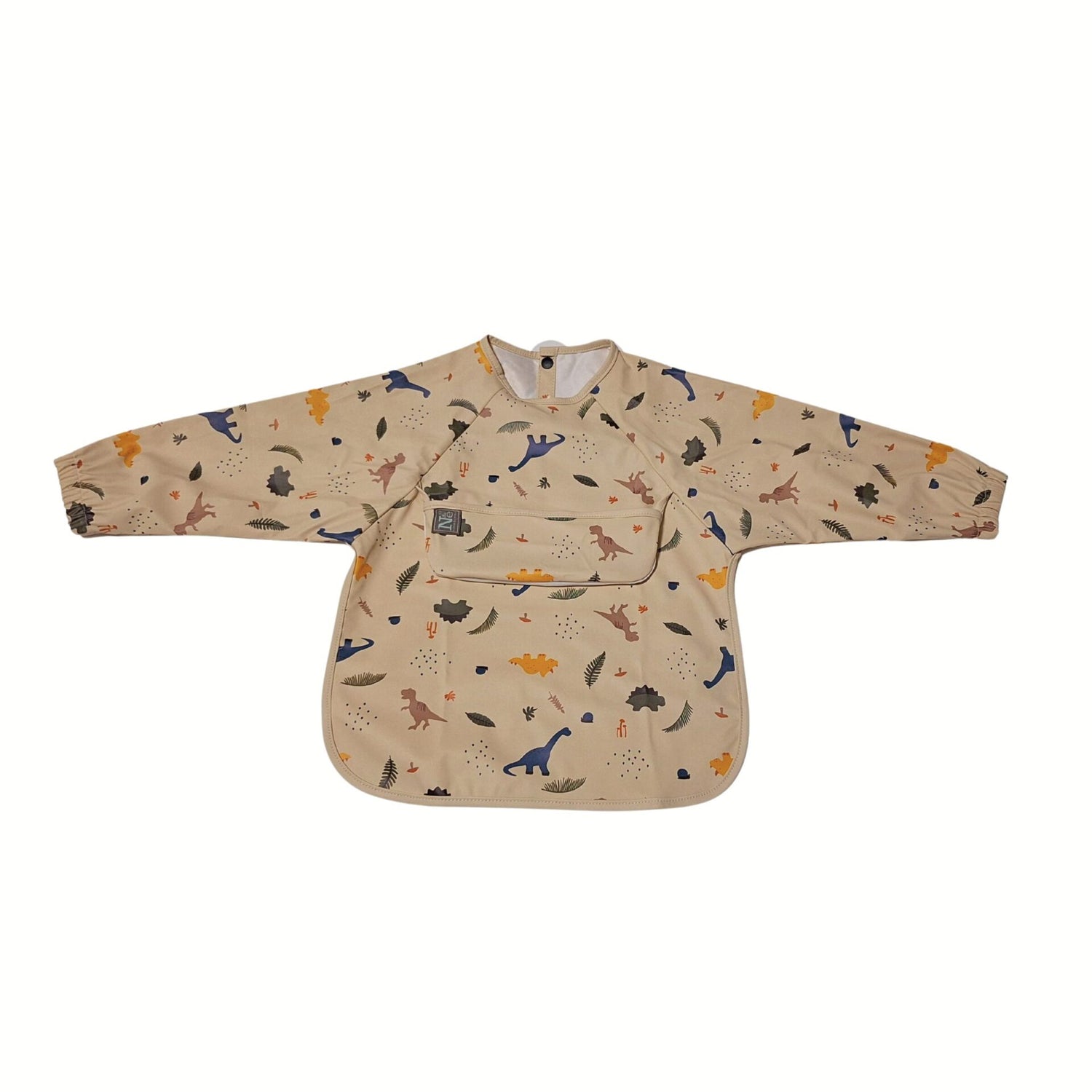 Nathan and Emma Long Sleeve Baby Bib with Small Food Catcher - Cream with Dinosaur Print