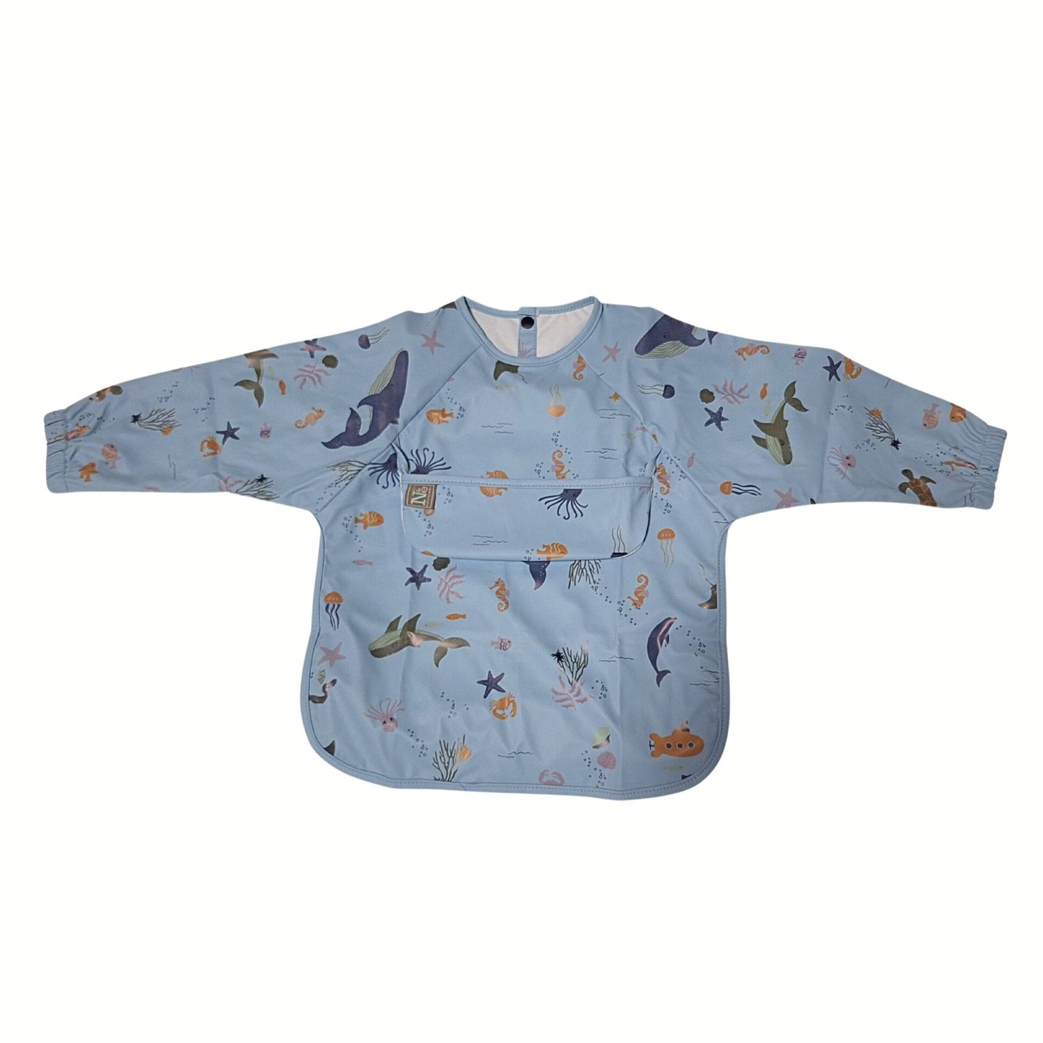 Nathan and Emma Long Sleeve Baby Bib with Small Food Catcher - Blue with Ocean Animals