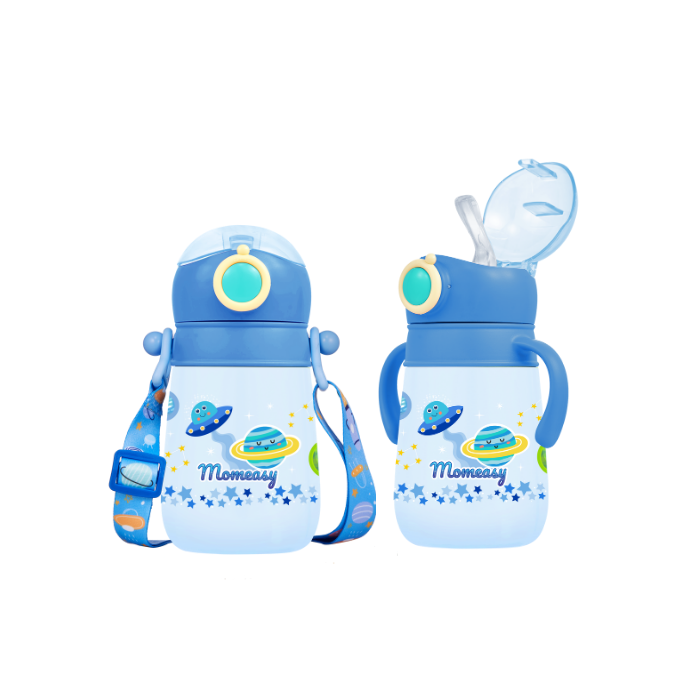 Momeasy Interchangeable Sling-On Strap and Handle Insulated Straw Bottle Tumbler for Baby to Kids - Blue