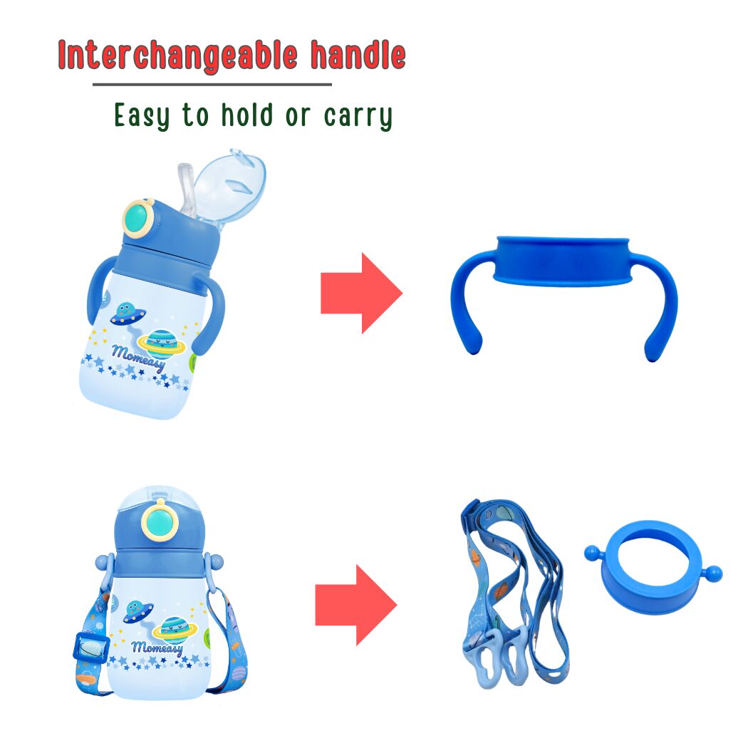 Momeasy Interchangeable Sling-On Strap and Handle Insulated Straw Bottle Tumbler for Baby to Kids - Pink