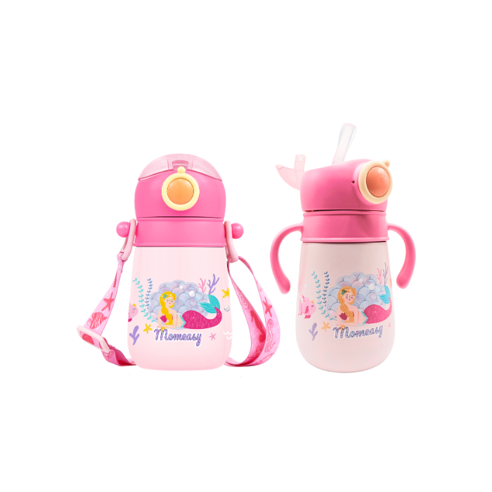 Momeasy Interchangeable Sling-On Strap and Handle Insulated Straw Bottle Tumbler for Baby to Kids - Pink
