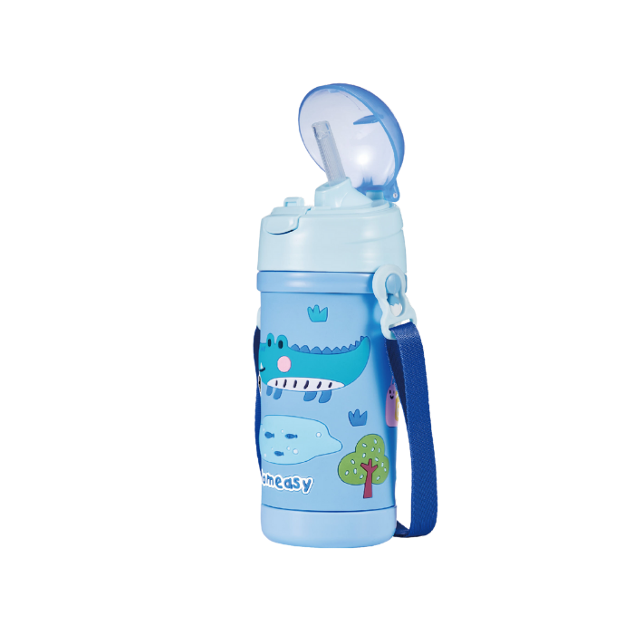 Momeasy Push Button Lid Sling-On Sippy Bottle 3D Design (400ml)  - Jungle Gator Quest