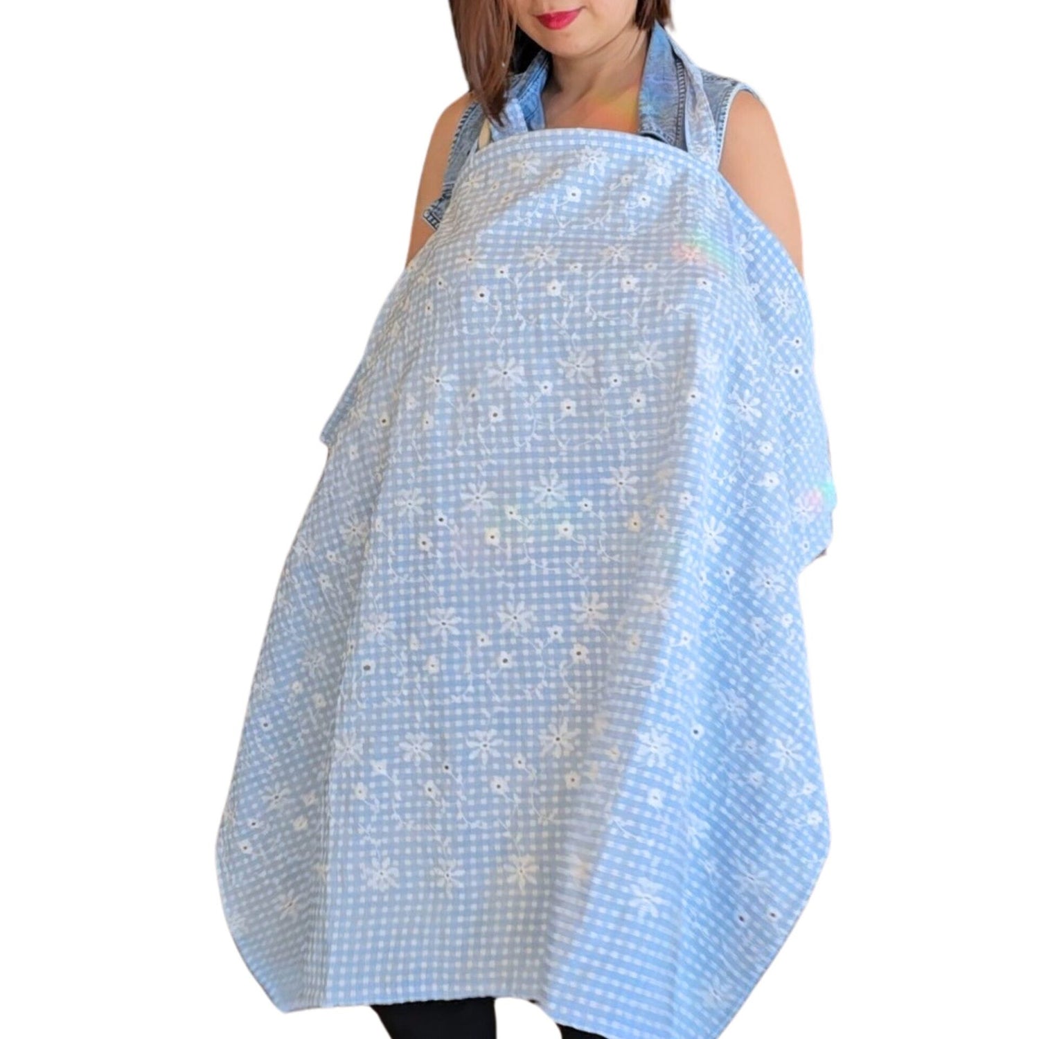 Sew Childhood Apron Style Nursing Cover Seersucker Eyelet Floral Gingham - Blue Mist