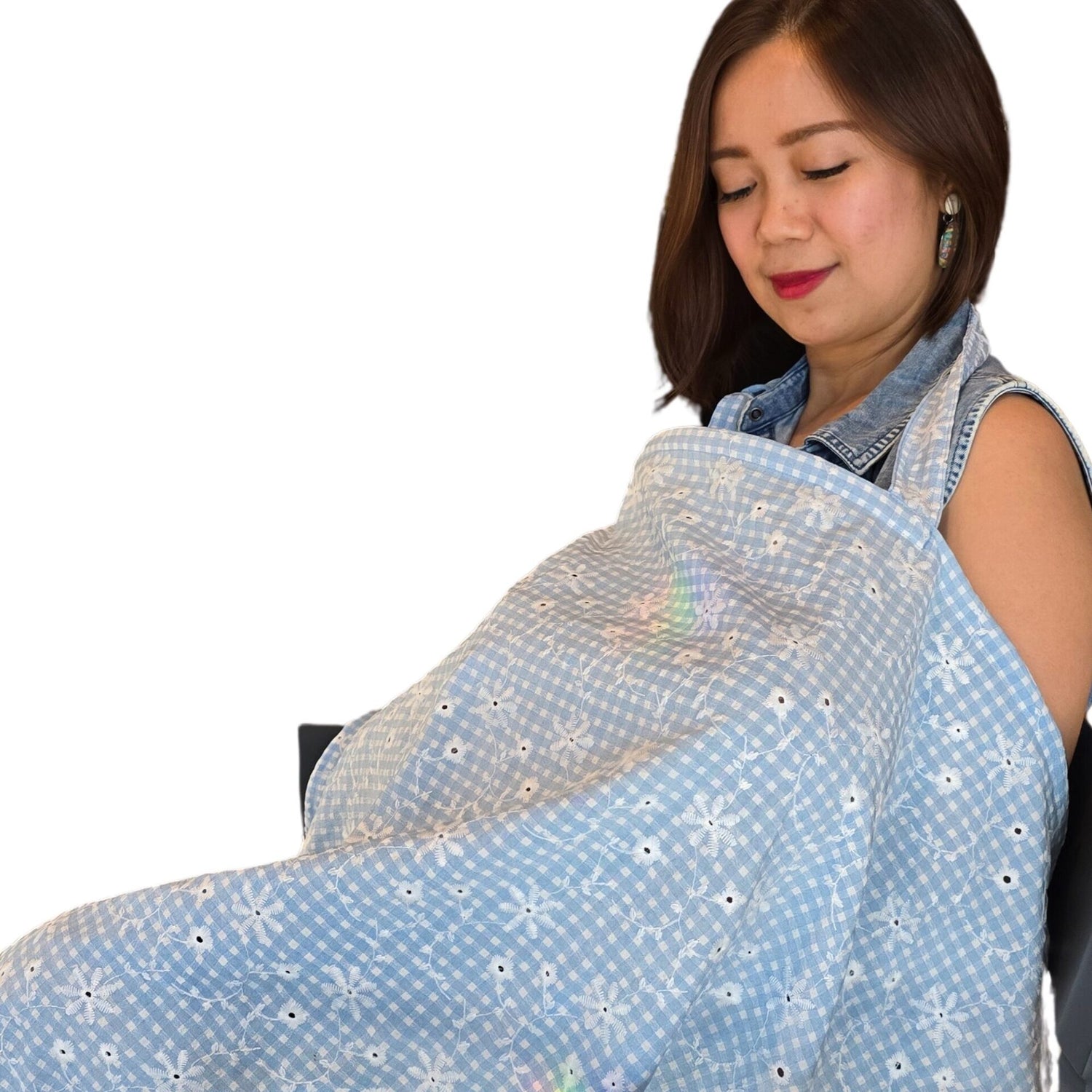Sew Childhood Apron Style Nursing Cover Seersucker Eyelet Floral Gingham - Blue Mist