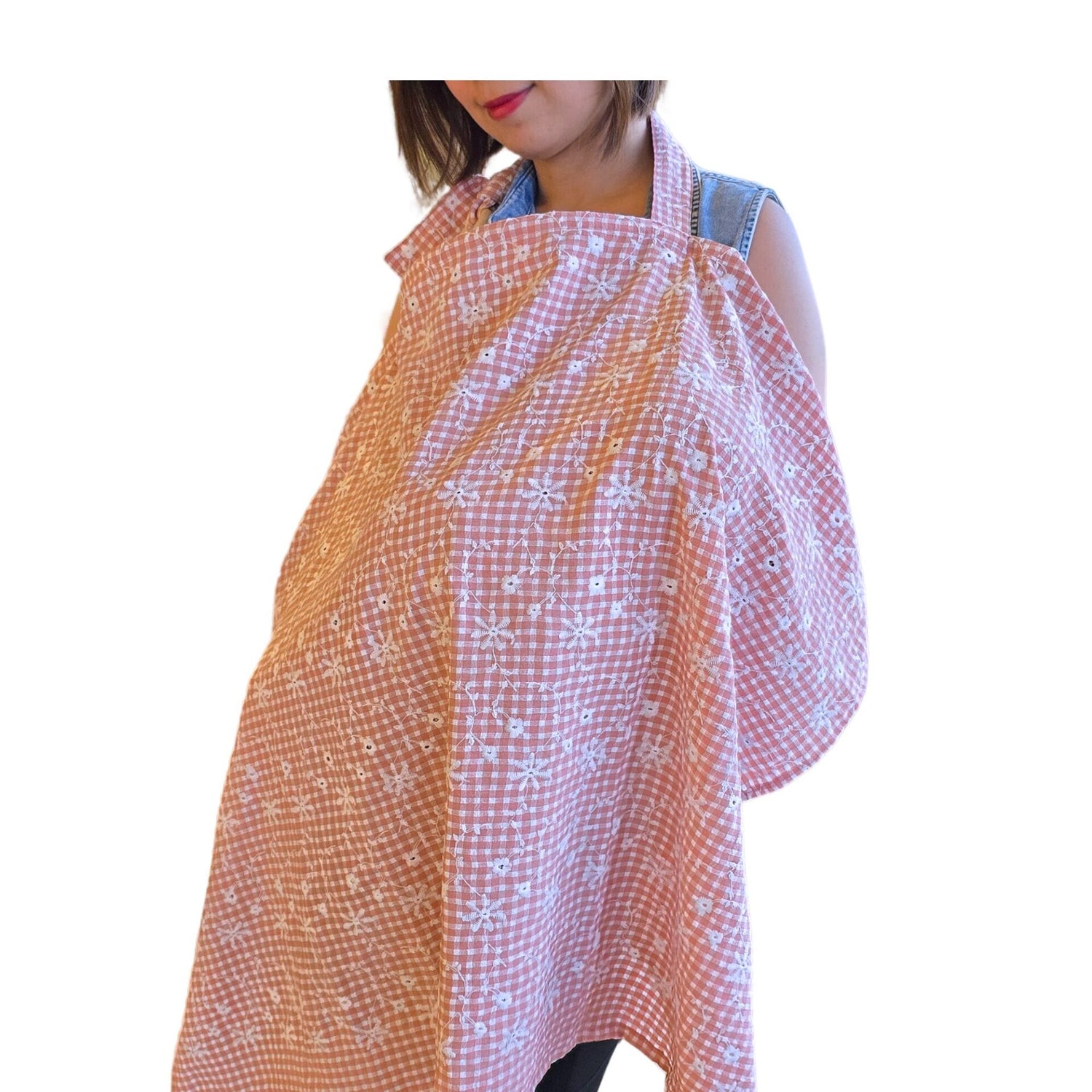 Sew Childhood Apron Style Nursing Cover Seersucker Eyelet Floral Gingham - Froly Pink
