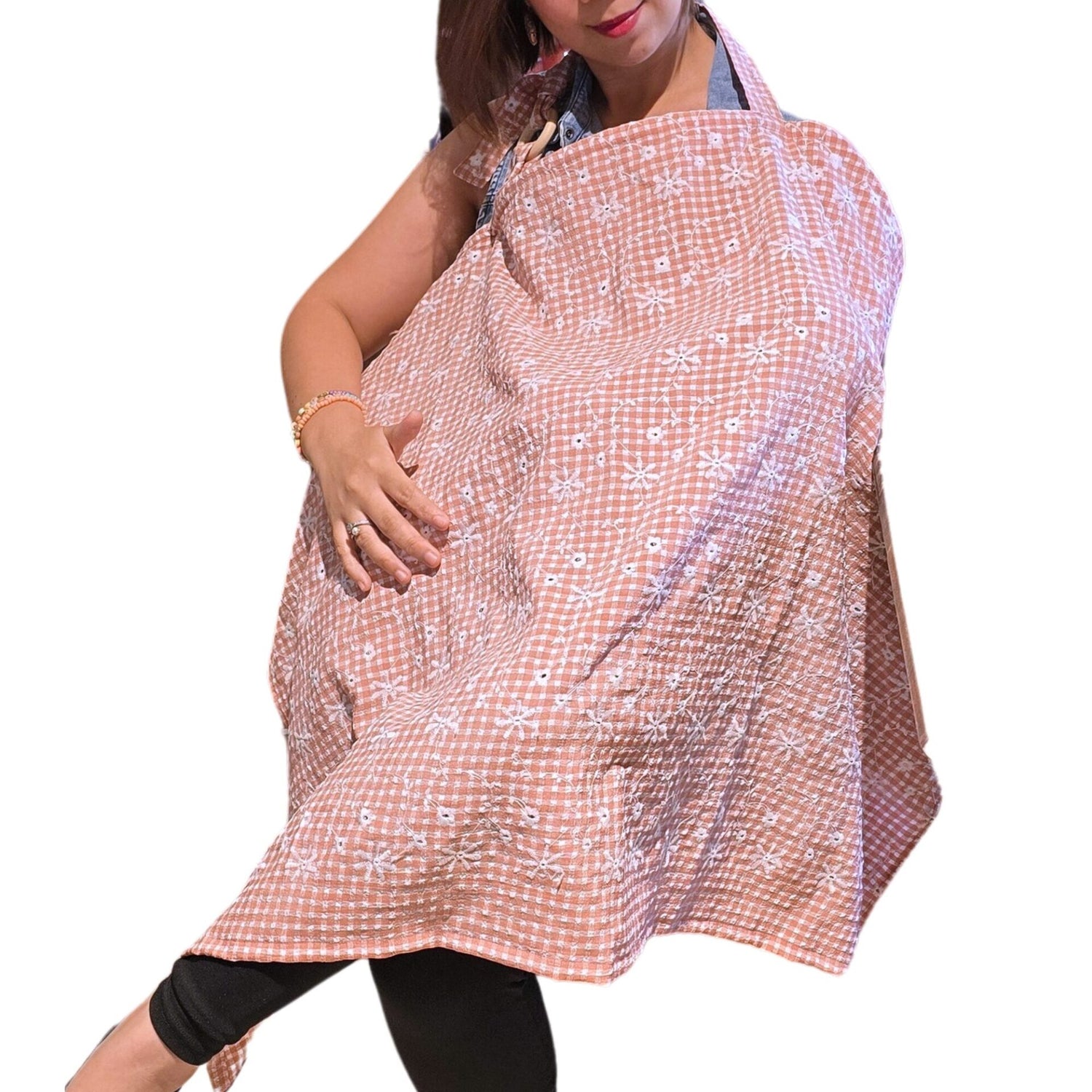 Sew Childhood Apron Style Nursing Cover Seersucker Eyelet Floral Gingham - Froly Pink