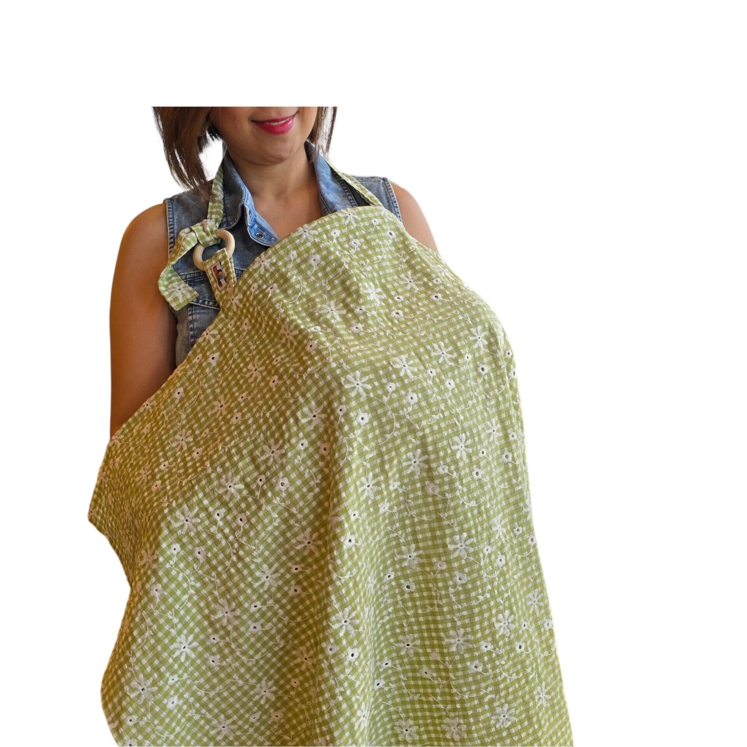 Sew Childhood Apron Style Nursing Cover Seersucker Eyelet Floral Gingham - Olive
