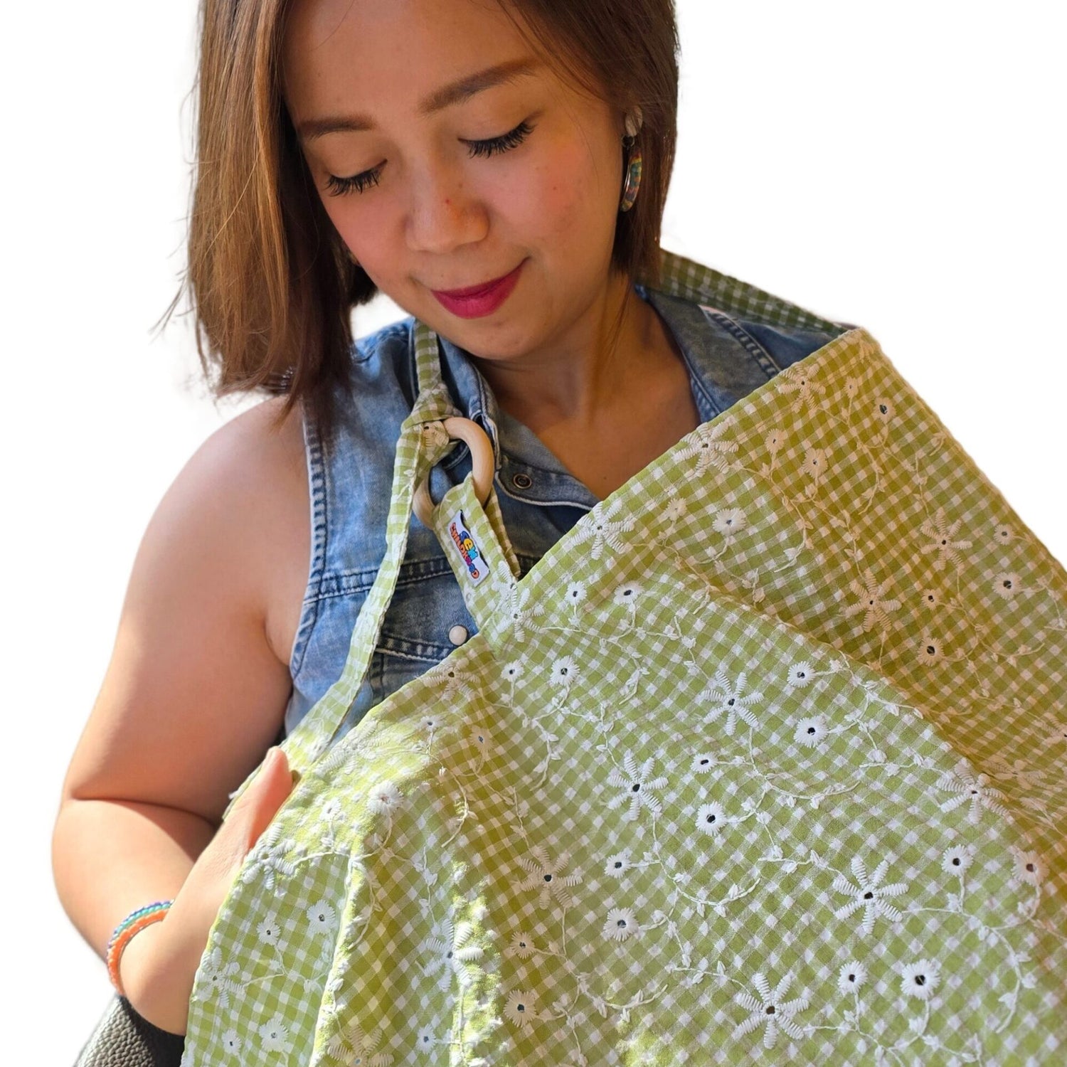 Sew Childhood Apron Style Nursing Cover Seersucker Eyelet Floral Gingham - Olive