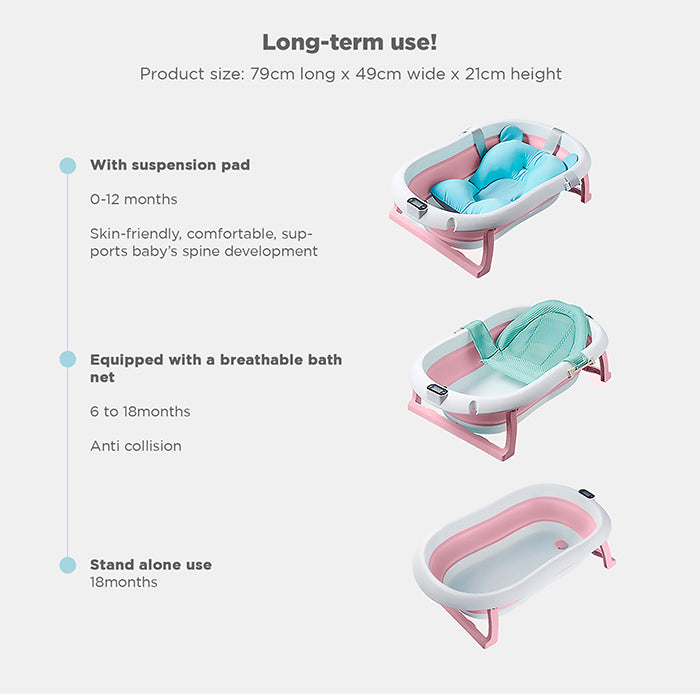 Babybee Collapsible Baby Bathtub with Thermometer - Pink