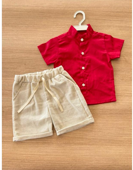 Lil’ Tati Cedar Top and Short Set in Red and Beige Linen