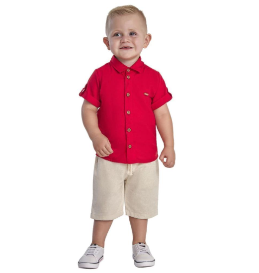Lil’ Tati Cedar Top and Short Set in Red and Beige Linen