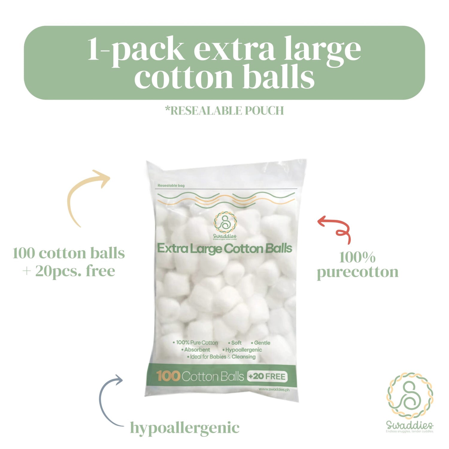 Swaddies Ph Extra Large Cotton Balls 100 Pieces