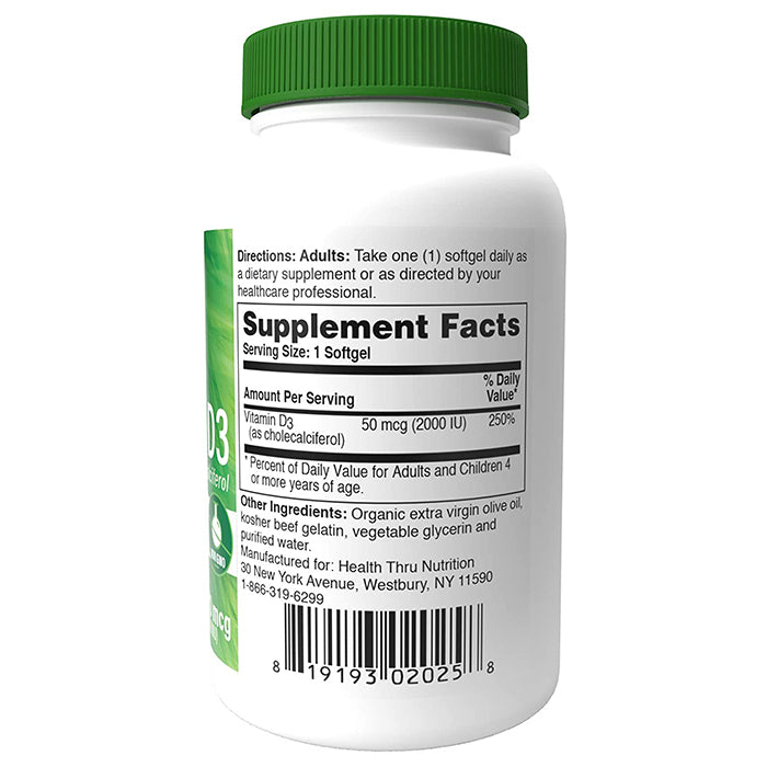 Health Thru Nutrition Vitamin D3 50mcg (2,000 IU) Cholecalciferol 365 Softgels