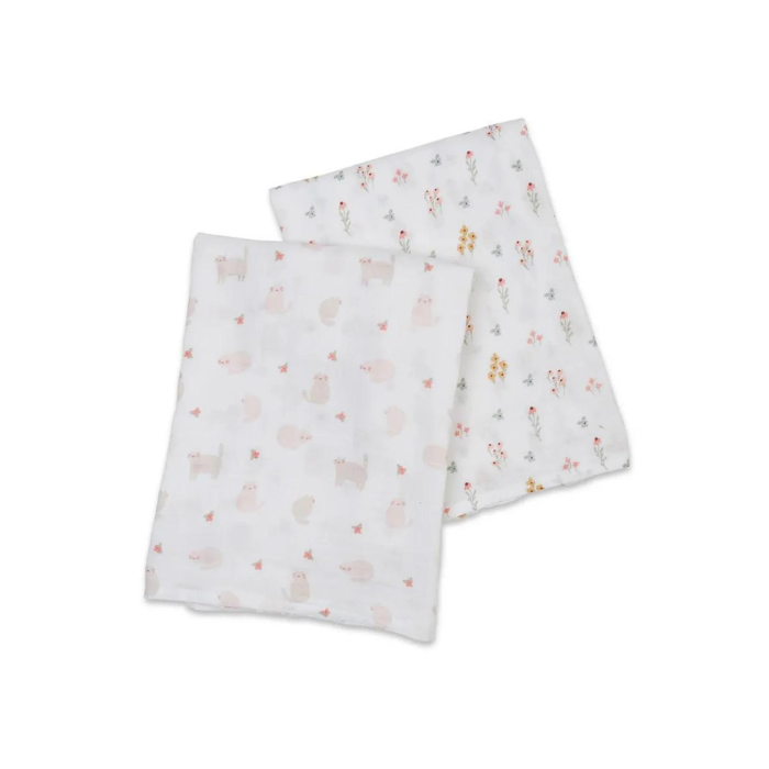 Lulujo Cotton Muslin Set of 2 Large - Kitty Cat and Flowers