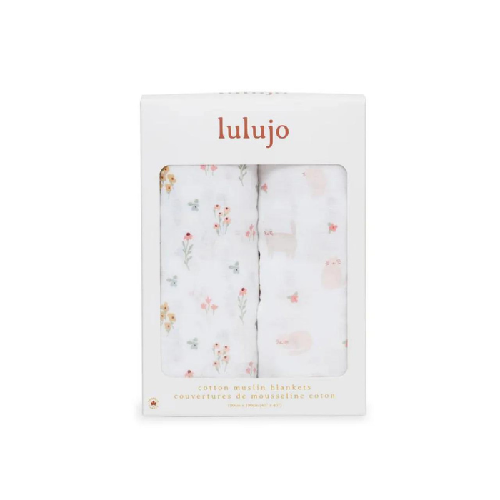 Lulujo Cotton Muslin Set of 2 Large - Kitty Cat and Flowers
