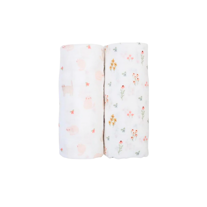 Lulujo Cotton Muslin Set of 2 Large - Kitty Cat and Flowers