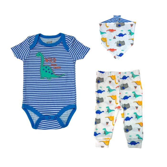 Little Steps 3-Piece Bodysuit Set in Blue Stripes Dinosaur