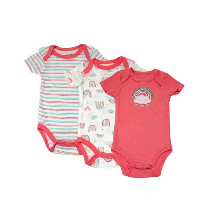 Little Steps 3-Piece Bodysuit Set in Coral Pink Clouds and Rainbow