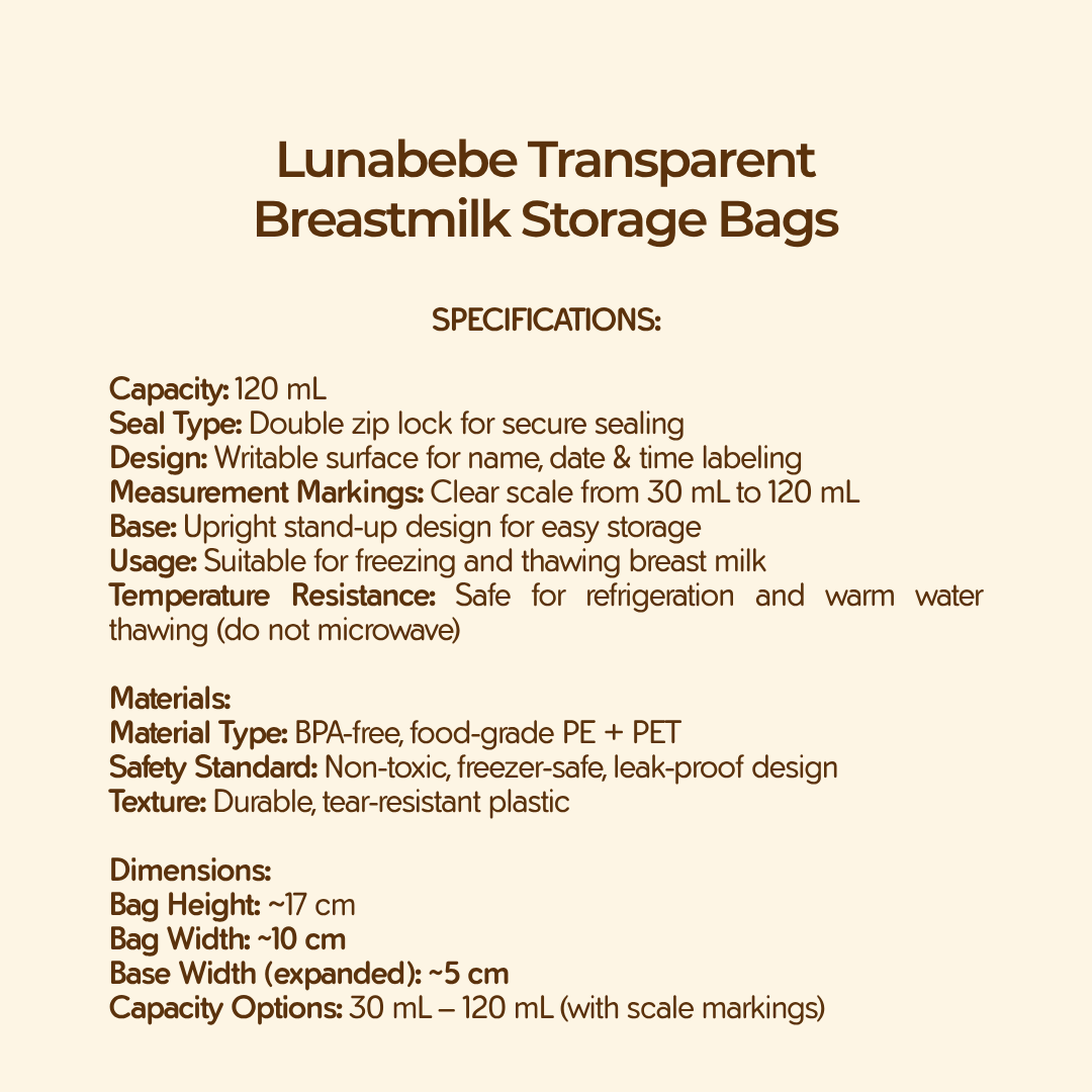 Lunabebe Transparent Breastmilk Storage Bags 120 ML - 30s