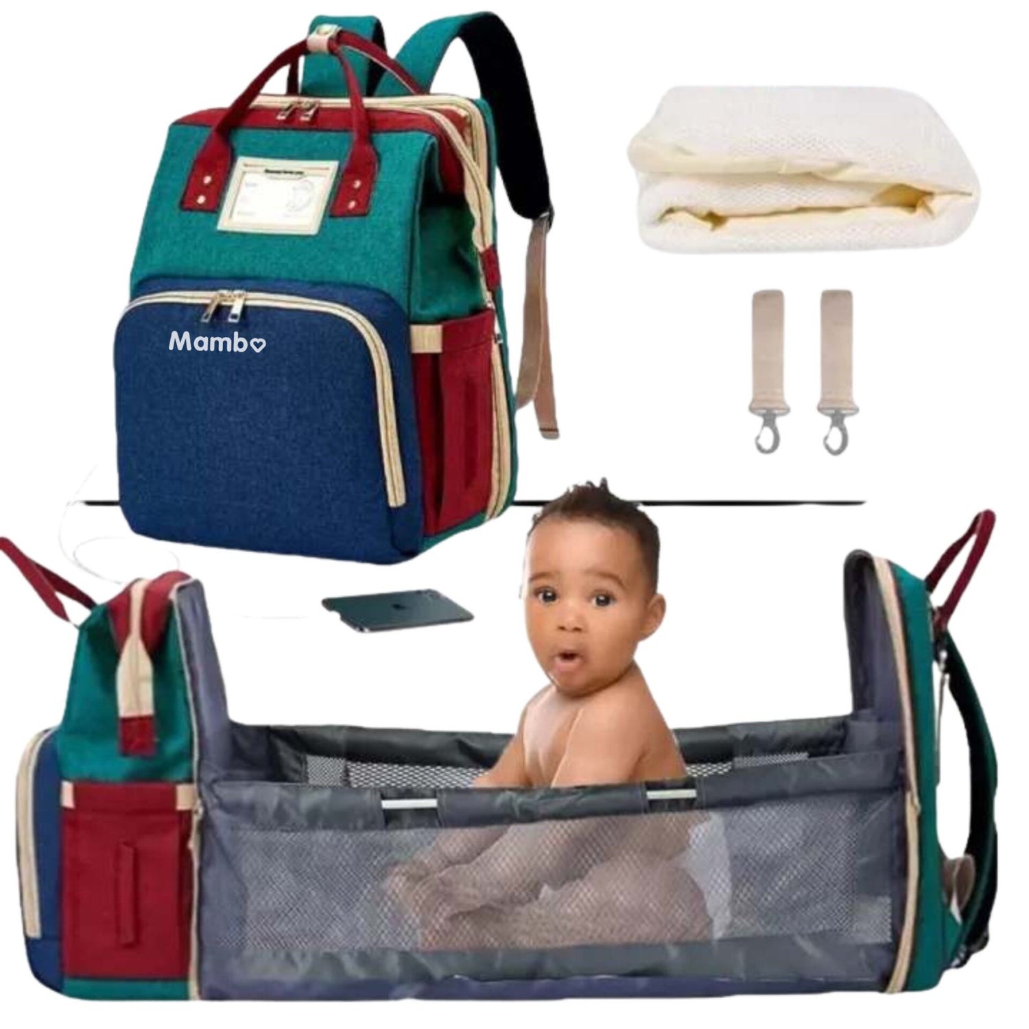 Mambo 2in1 Crib And Diaper Bag Mommy Baby Travel Bed Portable Foldable - Multicolor