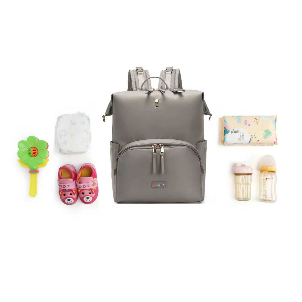 Mambo Nylon Waterproof Multipocket Diaper Bag - Ash Gray
