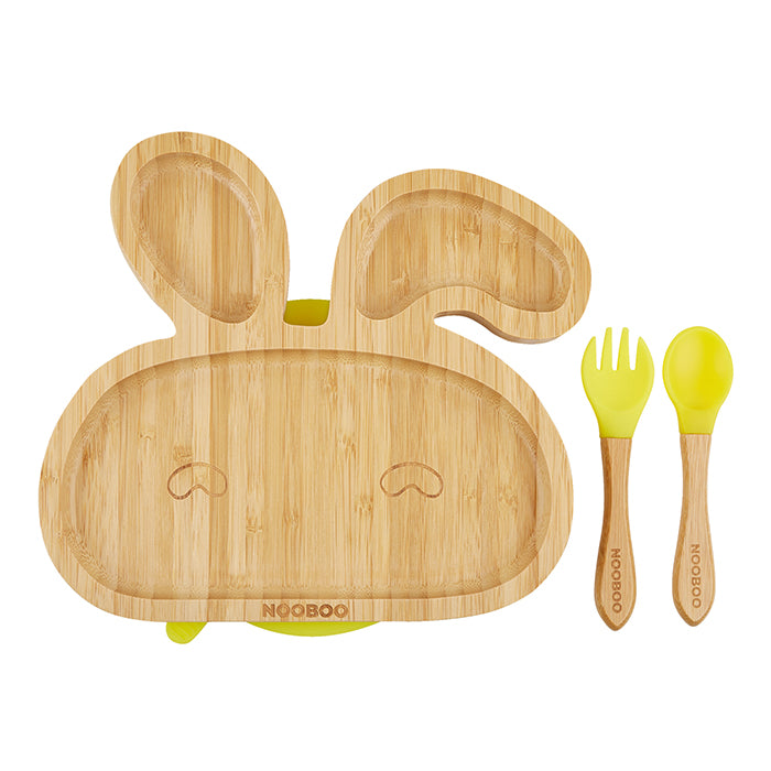 Nooboo Little Foodies Bamboo Suction Plate and Spoon and Fork Set - Bunny Yellow