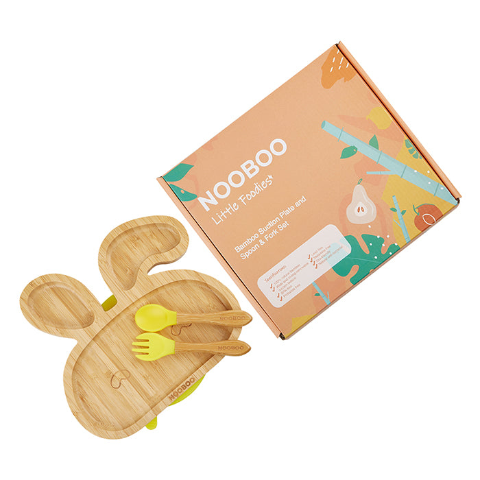 Nooboo Little Foodies Bamboo Suction Plate and Spoon and Fork Set - Bunny Yellow
