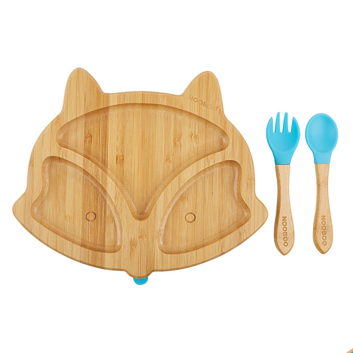 Nooboo Little Foodies Bamboo Suction Plate and Spoon and Fork Set - Fox Blue