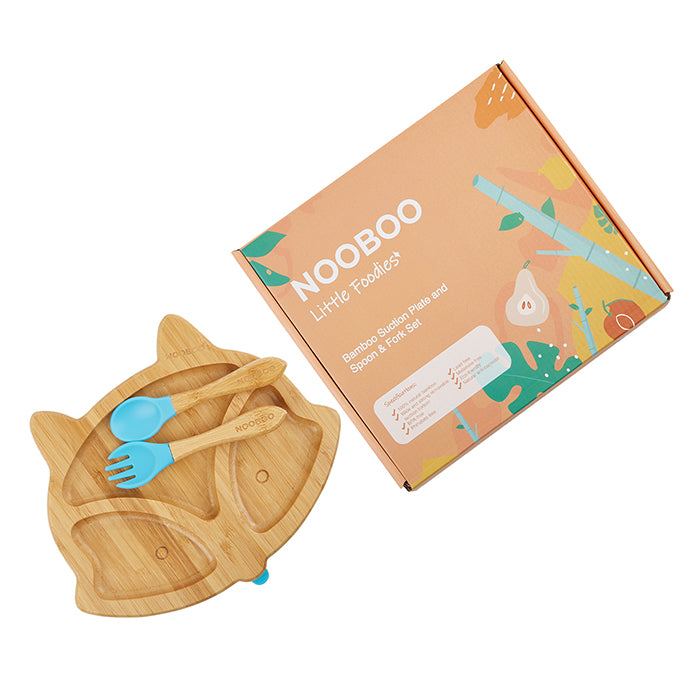 Nooboo Little Foodies Bamboo Suction Plate and Spoon and Fork Set - Fox Blue