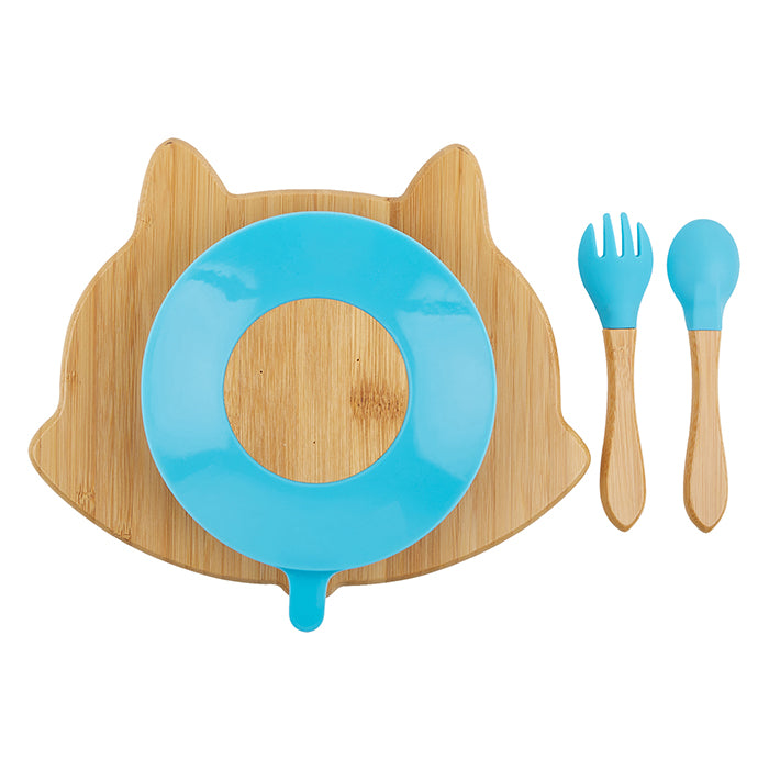 Nooboo Little Foodies Bamboo Suction Plate and Spoon and Fork Set - Fox Blue