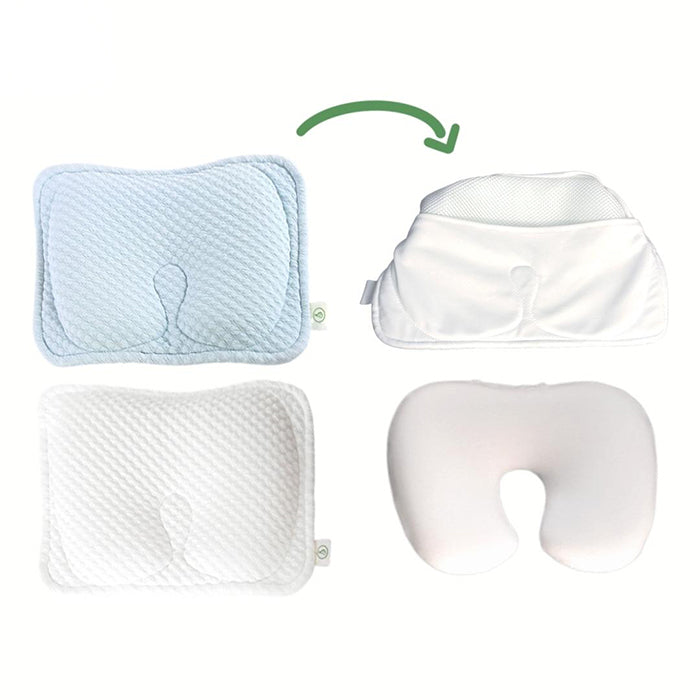 Swaddies Newborn Memory Foam Head Shaping Pillow (2 pillow covers included) - Blue/White