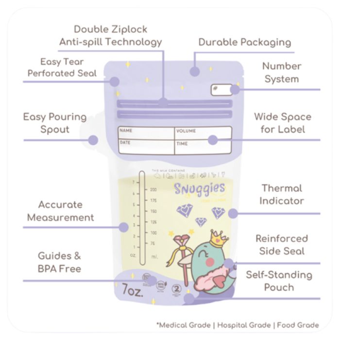 Snuggies 7oz Princess Edition Snuggies Breastmilk Bags w/ Thermal Sensor