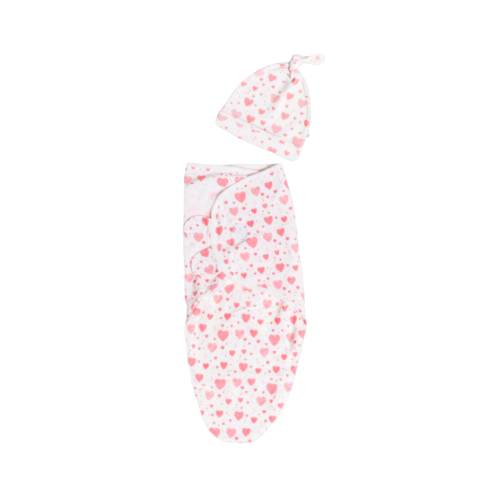 Swaddies PH Infant Velcro Swaddle Wrap with Knotted Hat - Pink Hearts