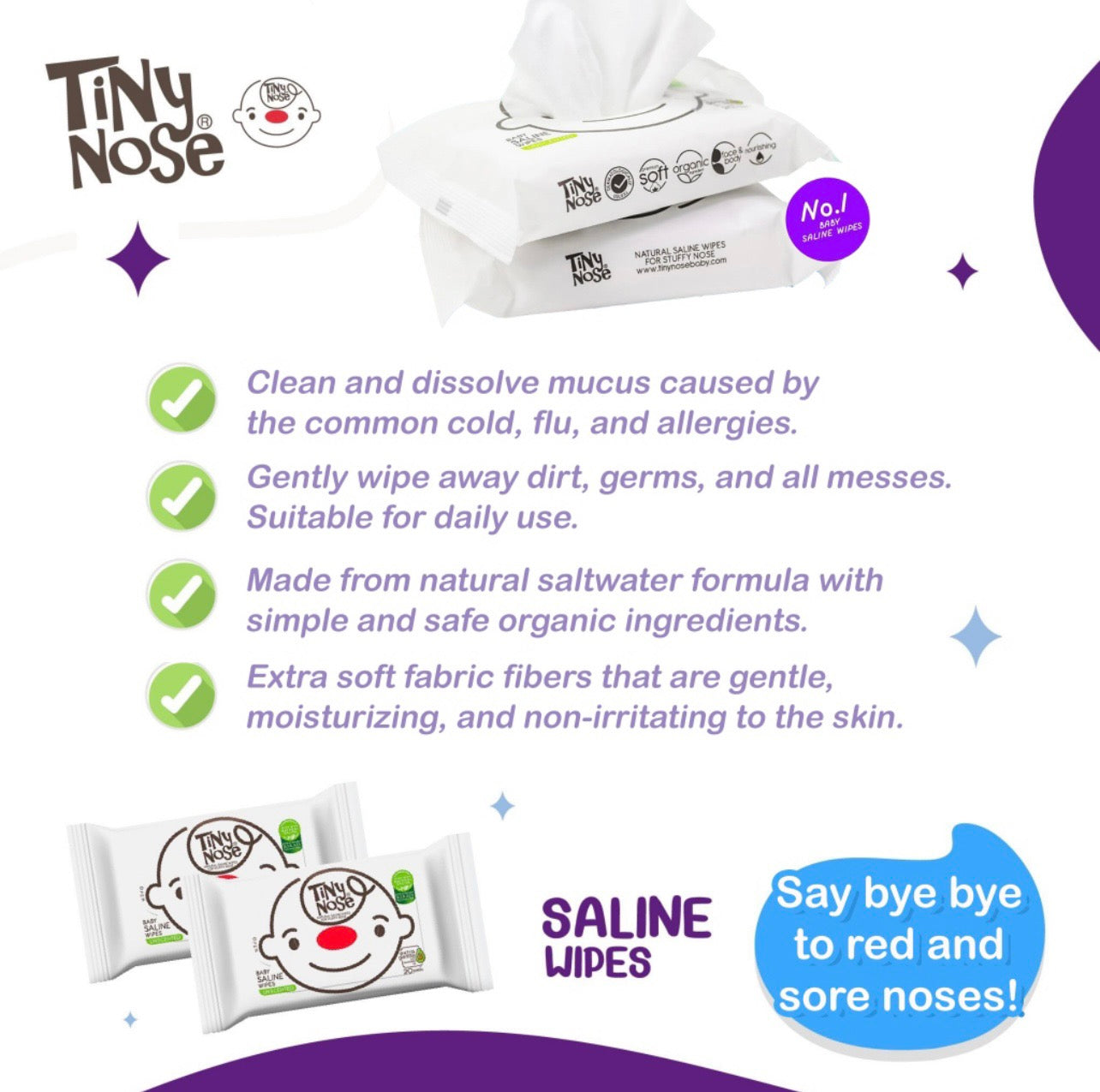 Tiny Nose Natural Saline Baby Wet Wipes Unscented 80 wipes