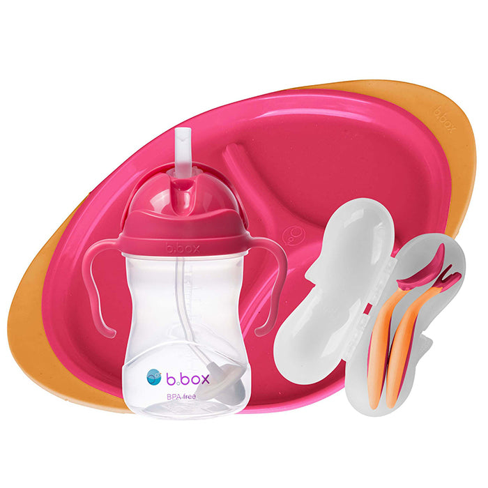 B.box Feeding Set (Sippy Cup, Cutlery Set, and Plate) - Strawberry Shake