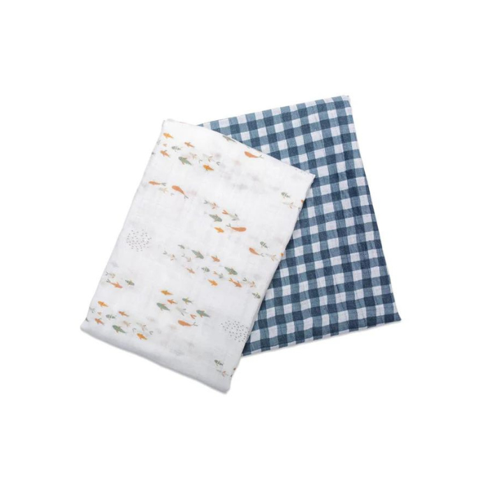 Lulujo Cotton Muslin Set of 2 Large - Fish and Navy Gingham