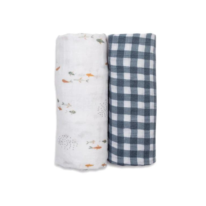 Lulujo Cotton Muslin Set of 2 Large - Fish and Navy Gingham
