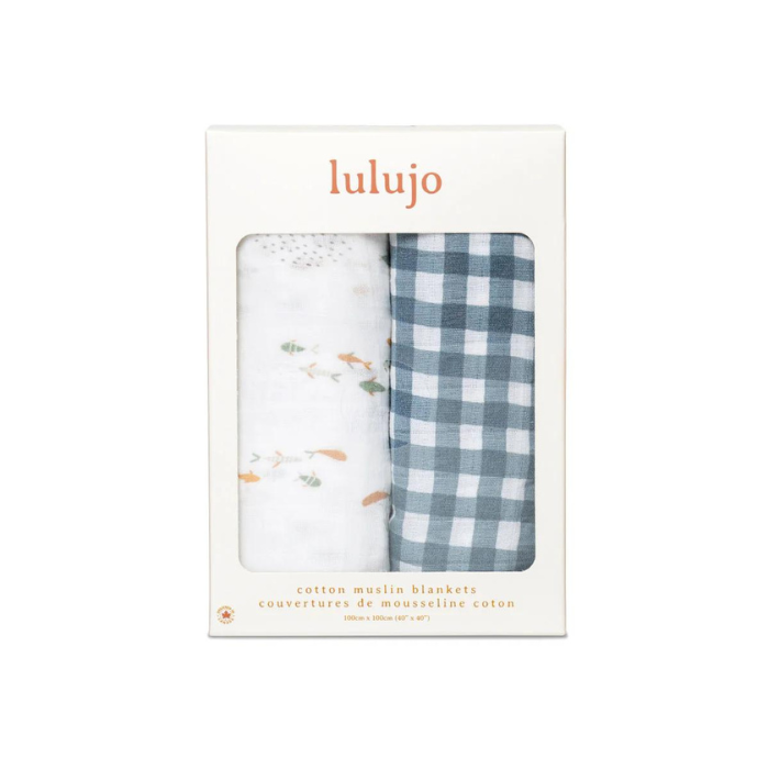 Lulujo Cotton Muslin Set of 2 Large - Fish and Navy Gingham