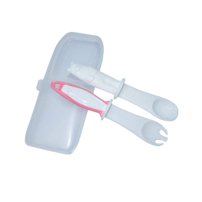 Mombella Bear Spoon and Penguin Fork Trainer Set - Pink